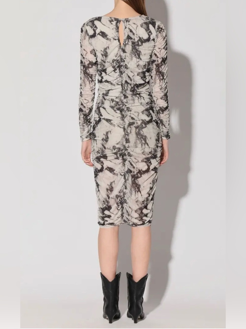 Walter Baker Marble-Print Long Sleeve Midi Dress in Black and Cream - Picture 2 of 6